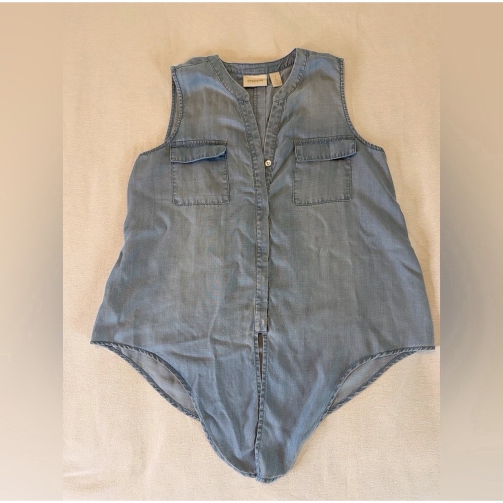 Chico's Blue Lyocell Sleeveless Tie Front Button Down Top Size 1 - Picture 2 of 9